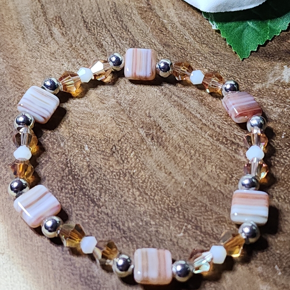 Hand Crafted Stretch Bracelet Amber Colored Square Beads & AB White Crystals